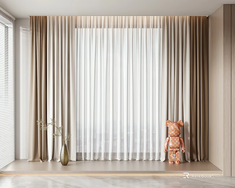 Modern Double Layer Beige Sheer Curtains With Window Sill Vase And Decorative Bear 3d model 