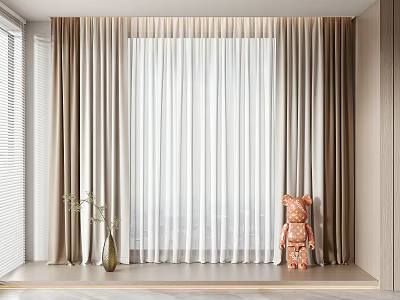 Modern Double Layer Beige Sheer Curtains With Window Sill Vase And Decorative Bear 3d model