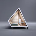 Modern Triangular Wooden House With Large Windows And Cozy Interior Featuring Bed And Table 3d model