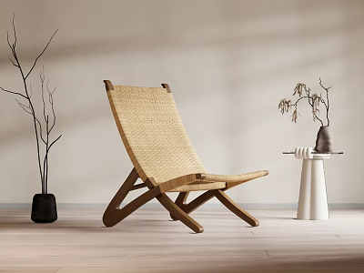 Rattan Leisure Chair with Wooden Frame in Minimalist Indoor Setting and Decorative Branches in Vases 3d model
