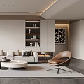 Modern Living Room Interior with Beige Sofa Round Coffee Table Floor Lamp Bookshelves and Fireplace