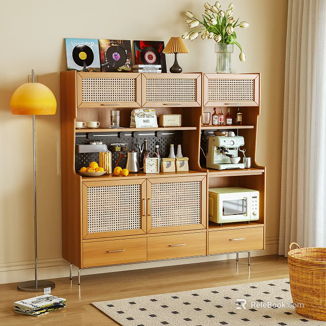 Wooden Sideboard With Rattan Doors Drawers And Coffee Machine Microwave Vase Table Lamp 3d model 