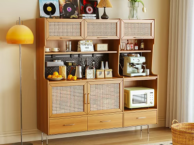 Wooden Sideboard With Rattan Doors Drawers And Coffee Machine Microwave Vase Table Lamp 3d model