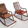 Brown Wooden Rocking Leisure Chair with Leather Seat and Checkered Carpet in Cozy Indoor Setting