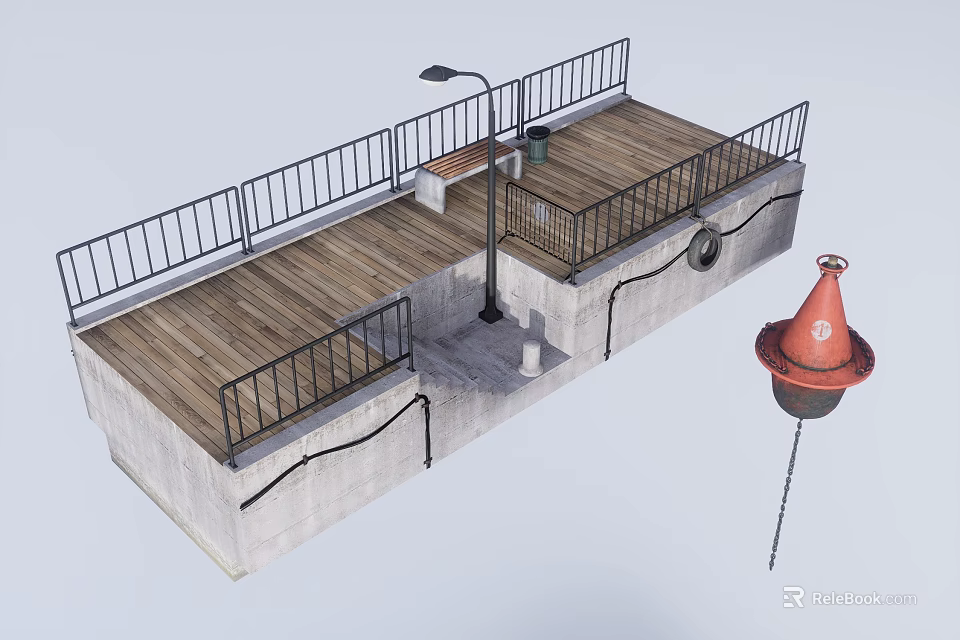 Port Industrial Equipment With Wooden Deck Black Railings Street Lamp And Red Buoy 3d model 