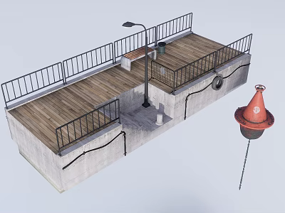 Port Industrial Equipment With Wooden Deck Black Railings Street Lamp And Red Buoy 3d model