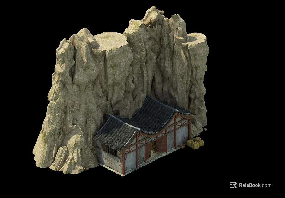 Traditional Ancient Architecture Nestled in Rocky Cliffs With Tile Roof And Wooden Frames 3d model 
