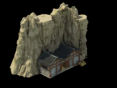 Traditional Ancient Architecture Nestled in Rocky Cliffs With Tile Roof And Wooden Frames 3d model