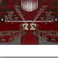 Red Theme Banquet Hall With Chandeliers Red Carpet Flower Decorations And Wedding Setup