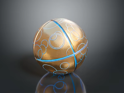 Decorative Golden Sphere With Blue Lines Circular Patterns And Reflection On Dark Background 3d model