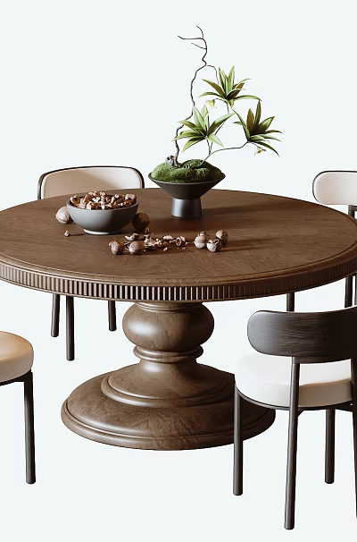 Round Wooden Table And Chairs Set With Light Colored Cushions Potted Plant Decorative Items 3d model