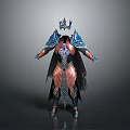 Mythical Warrior Character In Ornate Blue Gold Armor With Creature Details