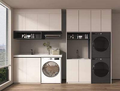 Modern Laundry Room With Front Loading Washer Dryer Sink And Storage Cabinets 3d model
