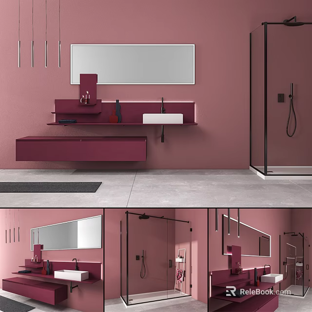 Modern Maroon Bathroom Vanity With Wall Mounted Floating Counter And Large Mirror 3d model