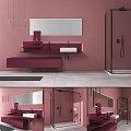 Modern Maroon Bathroom Vanity With Wall Mounted Floating Counter And Large Mirror 3d model