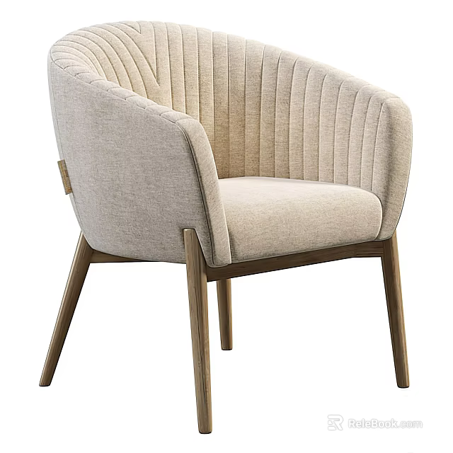 Modern Beige Fabric Accent Chair With Vertical Tufted Back And Wooden Legs 3d model 