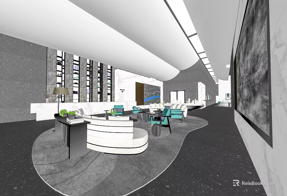 Modern Sales Office Interior Space Featuring Circular Reception Desk Green Chairs And Large Windows 3d model 