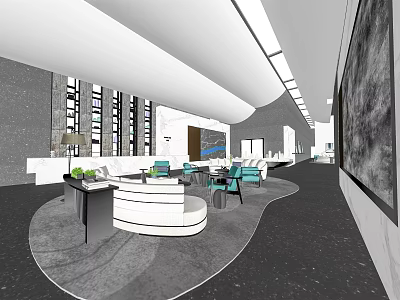 Modern Sales Office Interior Space Featuring Circular Reception Desk Green Chairs And Large Windows 3d model