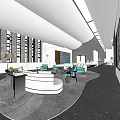 Modern Sales Office Interior Space Featuring Circular Reception Desk Green Chairs And Large Windows