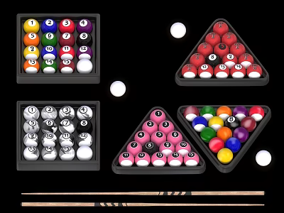 Billiard Sports Equipment Set With Colorful Pool Balls White Cue Balls And Wooden Cues 3d model