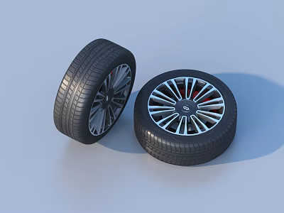 Pair of Black Car Tires with Silver Spoke Alloy Wheels and Hubcaps 3d model