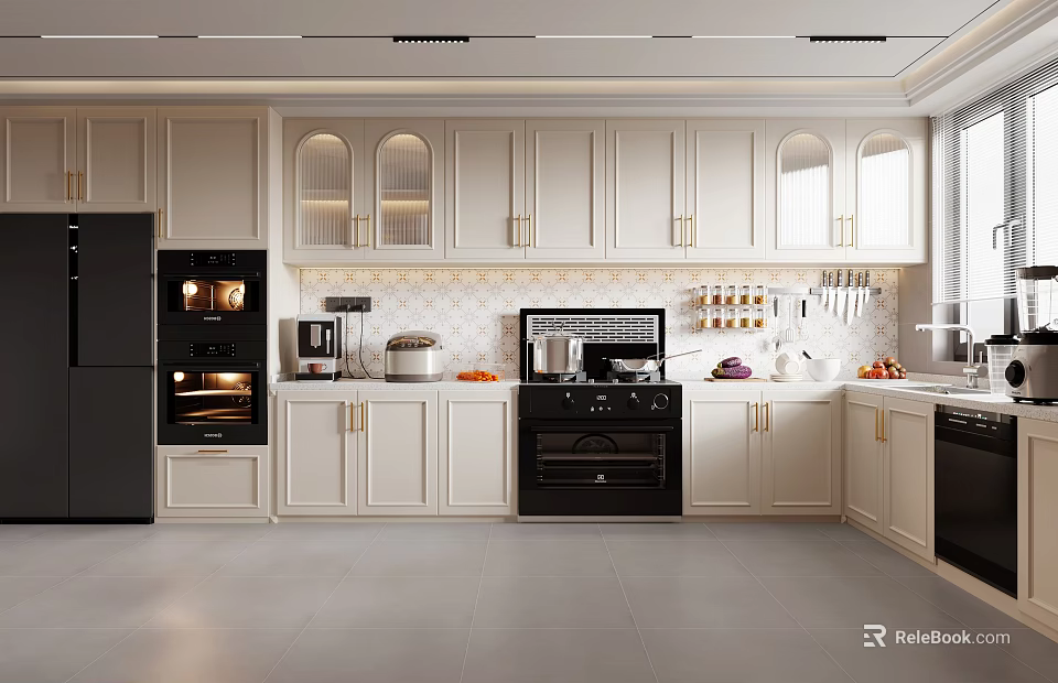 Modern White Kitchen Interior With Glass Door Upper Cabinets And Black Appliances 3d model 