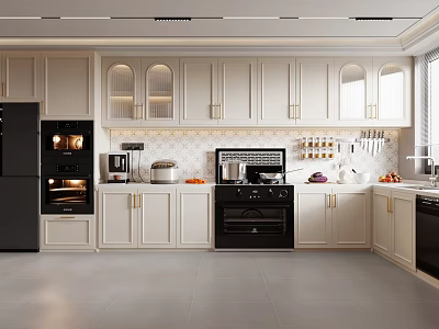 Modern White Kitchen Interior With Glass Door Upper Cabinets And Black Appliances 3d model