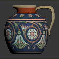 Sculpted Blue Pottery Jug with Colorful Star Flower Patterns and Beige Rim Handle