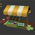 Colorful Candy Confectionery Stall With Yellow White Striped Awning Display Cabinet And Wooden Barrels