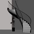 Modern Staircase with Black Handrail Glass Railing White Steps and Black Sculpture by Gray Wall