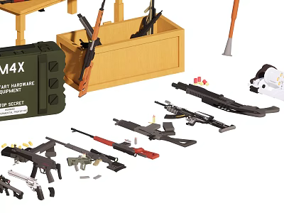 M4X Tactical Weapons Collection With Various Firearms Ammunition Wooden Crate And Gear 3d model