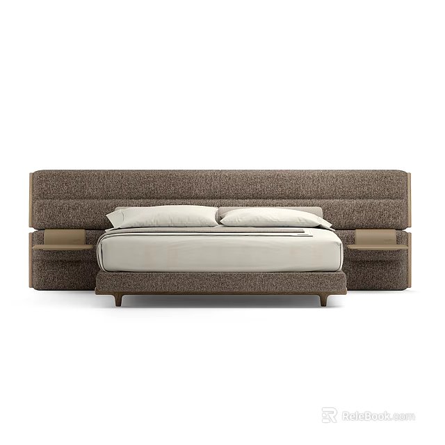 Modern Double Bed With Brown Upholstered Headboard Side Nightstands And White Pillows 3d model 