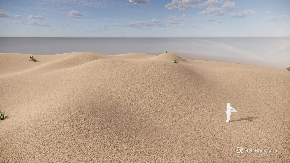 Stunning Desert Landscape With Rolling Sand Dunes Blue Sky White Clouds And Distant Green Plants 3d model 