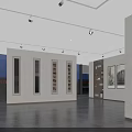 Modern Minimalist Gallery Interior With Paintings On Walls Shelving And Dark Flooring