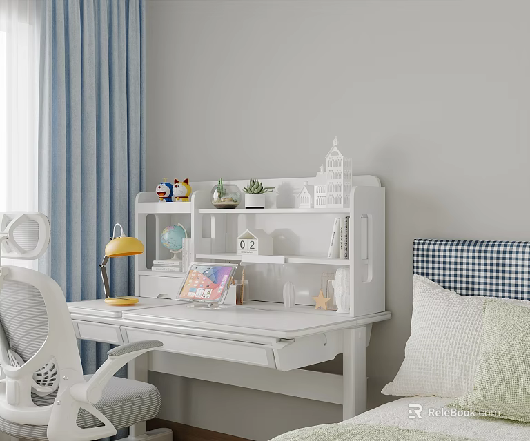 Cozy White Kids Desk with Lamp Globe Book Small Plant and Decorative Items 3d model 