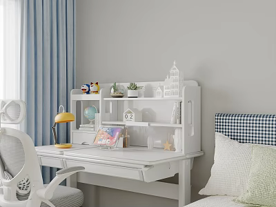 Cozy White Kids Desk with Lamp Globe Book Small Plant and Decorative Items 3d model