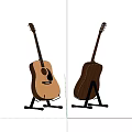 Two Acoustic Guitars on Black Stands with Light and Dark Wooden Bodies