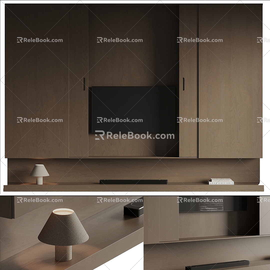 Modern TV background wall solid wood TV wall 3d model