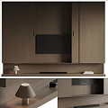 Modern TV Background Wall With Wooden Cabinets Built-in TV And Table Lamp