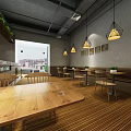 Modern Bubble Tea Shop Interior Featuring Open Layout Wooden Tables And Hanging Lamps