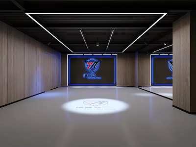 Modern Fitness Gym Interior With Open Workout Space And Brand Logo Lighting Design 3d model