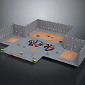 3D Computer Modeled Room Layout With Walls Floors Geometric Shapes And Green Elements