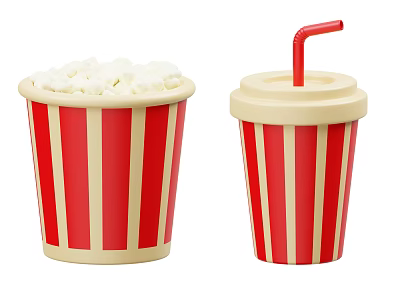 Delicious Popcorn and Refreshing Drink with Straw in Red White Striped Cups 3d model