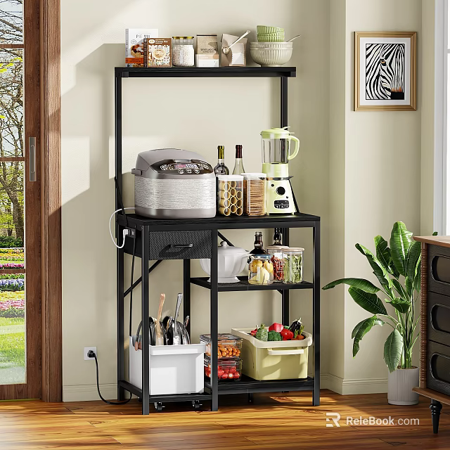 Black Kitchen Storage Rack With Rice Cooker Blender And Vegetables In Indoor Space 3d model 