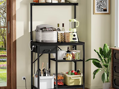 Black Kitchen Storage Rack With Rice Cooker Blender And Vegetables In Indoor Space 3d model