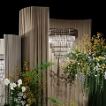 Floral Installation With Green Backdrop White Flowers Wooden Panels And Stage Candle Decor