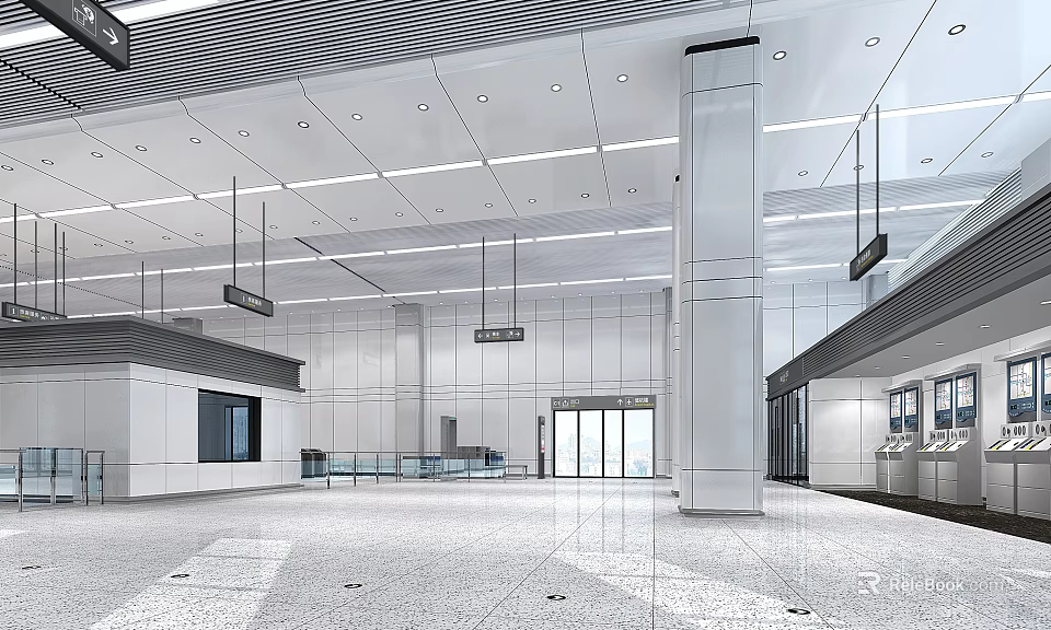 Modern Station Interior With Spacious Hall Bright Lighting White Pillars And Glass Doors 3d model 