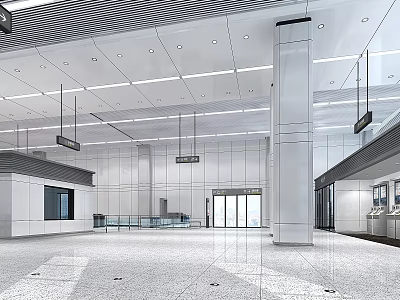 Modern Station Interior With Spacious Hall Bright Lighting White Pillars And Glass Doors 3d model