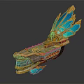 Ornate Fantasy Ship Model With Intricate Carvings Golden Body And Blue Wings