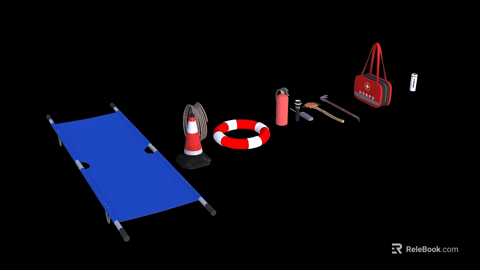 Emergency Response Equipment Collection With Blue Stretcher Lifebuoy Fire Extinguisher And Red First Aid Bag 3d model 